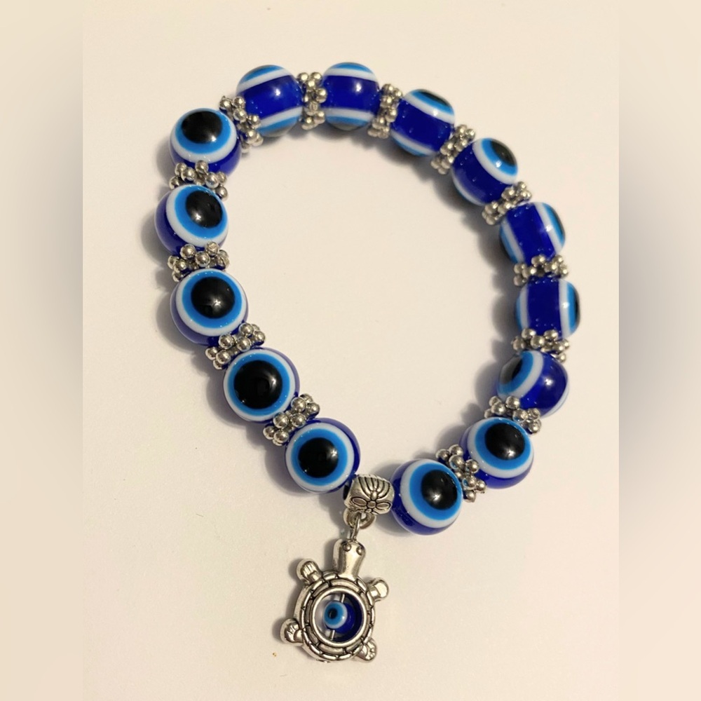 Blue Evil Eye Bracelet with Silver Turtle Charm